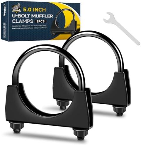 XIEKRAB 2Pcs Heavy-Duty 5.0 Inch Exhaust Clamps—Rust Proof Black Finish, Saddle-Style U-Bolt Clamps for Secure Pipe Connections