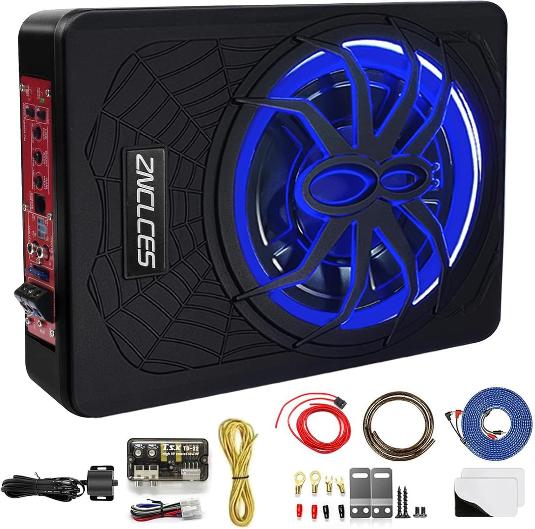 2025 Upgraded 10" 1200W Slim Under Seat Powered Car Subwoofer with Colorful LED Ambient Lights, Car/Truck Audio Sub Built in Amplifier Outstanding Heat Dissipation, Powerful Bass for Passion Driving