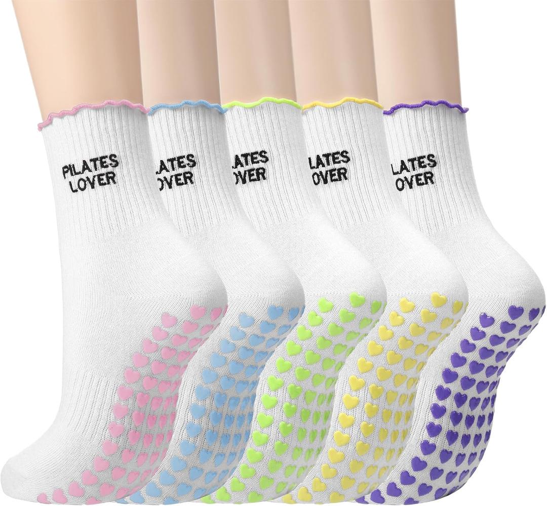 5 Paris Cute Pilates Grip Socks for Women Ruffle Embroidery Non Slip Cotton Yoga Socks for Ballet Barre Workout Hospital Pilates Lover Gifts (White)