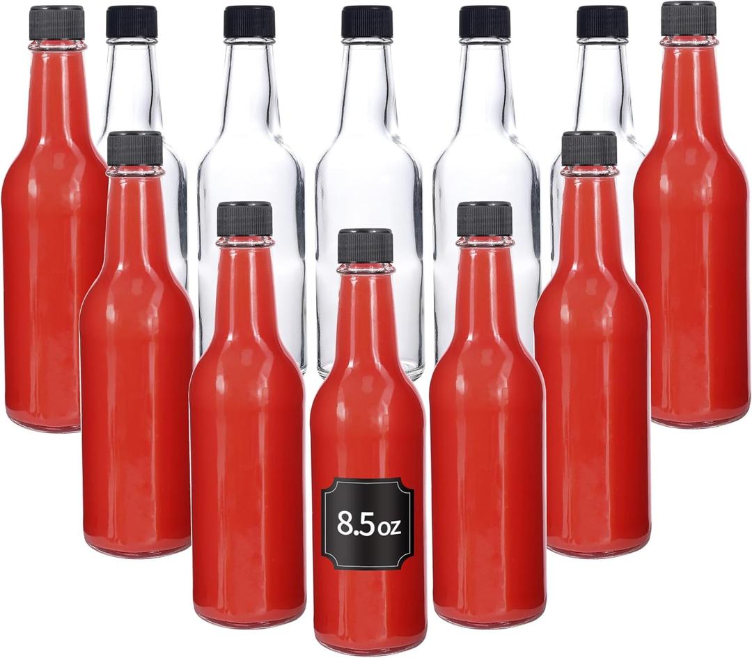 Hot Sauce Bottles, Glass Bottles with Lids for Juicing, Homemade Sauce, Olive Oil, 12 pcs, 250ml, 8.5 oz