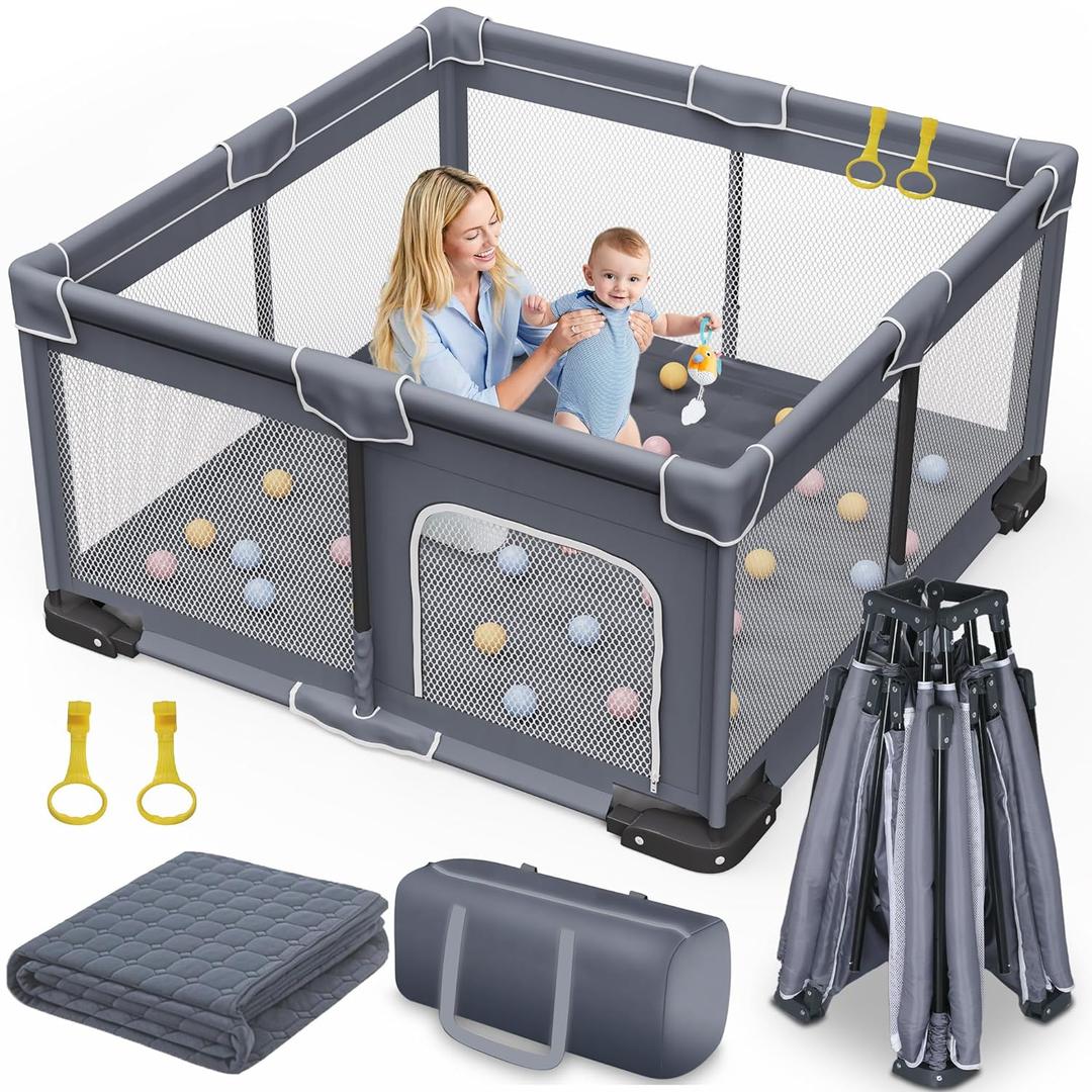 Foldable Baby Playpen with Mat, 50"x50" Folding Playpen for Babies and Toddlers, Sturdy Safety Play Yard with Gate, Portable Kid's Play Pen with Bag