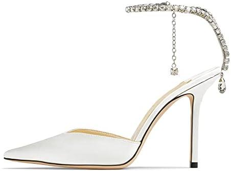 BlingQueen Women's Heeled Sandals Crystal Chain Rhinestone Embellished Strap Pumps Pointy Stilettos Backless Wedding Dressy Bridal Shoes 6.5, White  BlingQueen Women's Heeled Sandals Crystal Chain Rhinestone Embellished Strap Pumps Pointy Stilettos Backless Wedding Dressy Bridal Shoes 6.5, White