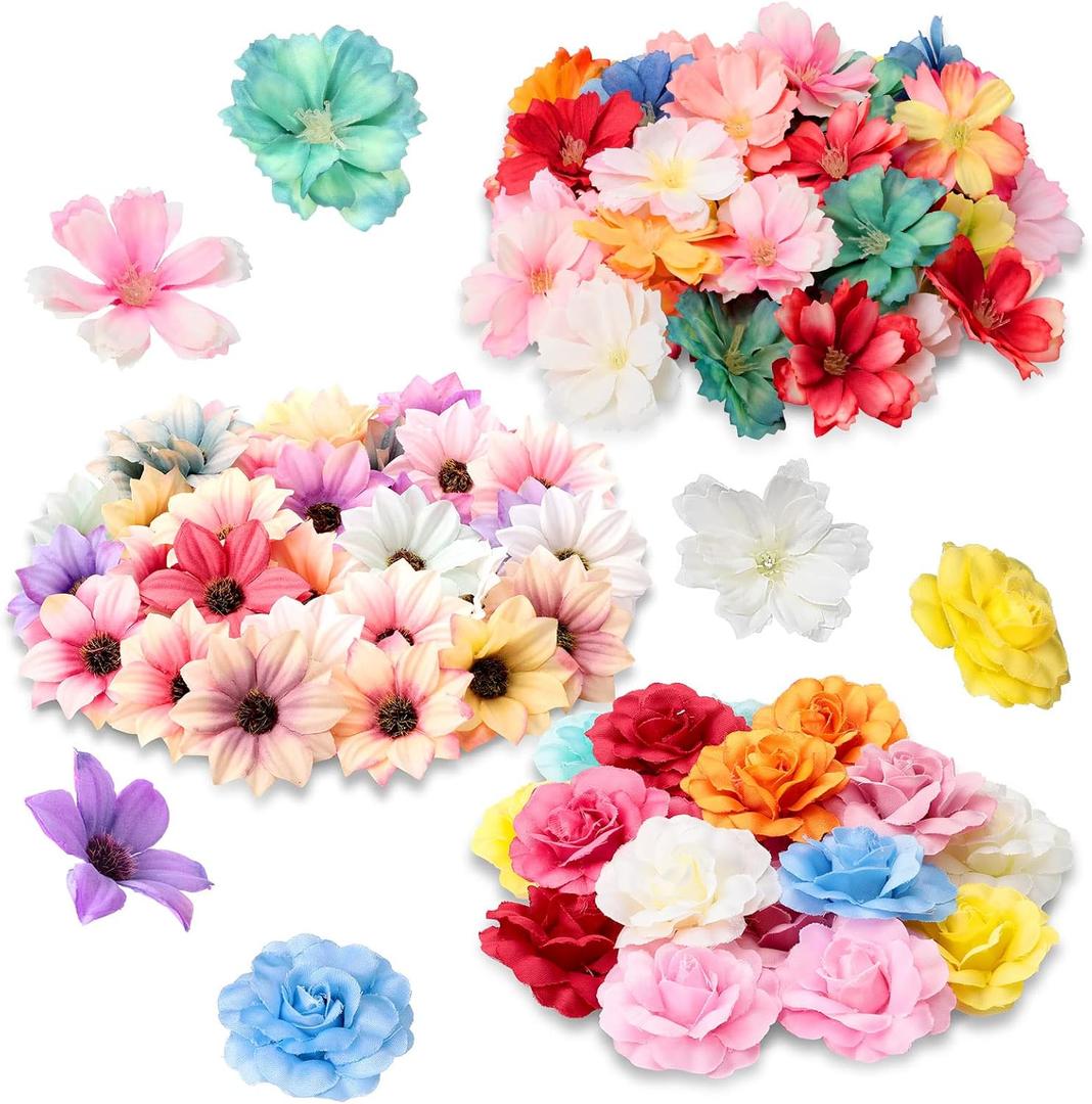 Hoteam 100 Pcs Spring Assorted Small Flower Decorative Fake Flower Heads Bulk Silk Artificial DIY Faux Mini Daisy Rose Plum Craft for Wedding Cake Mother's Day Party Wreath Home (Bright)