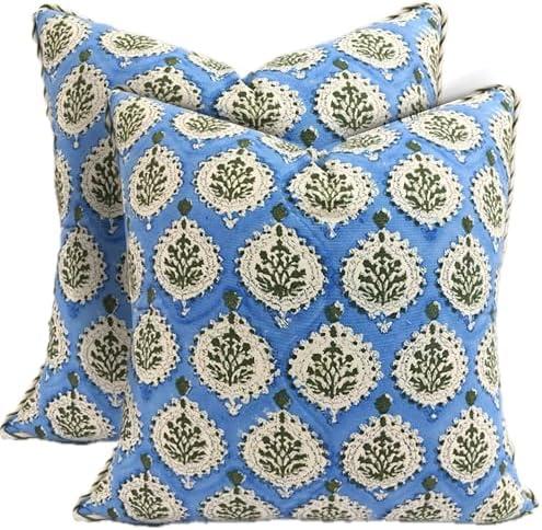 ATOSII Block Print Throw Pillow Covers, 18" X 18"- Set of 2, Decorative Couch Pillows for Living Room Bed Sofa, 100% Cotton Canvas Pillow Case for Home Decor & Outdoors, Preppy Throws - Kari Blue