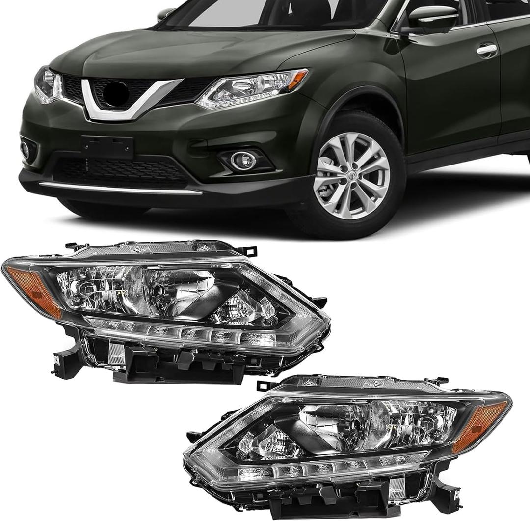 Fit for 2014-2016 Nissan Rogue Headlights Assembly Halogen Headlamp with LED DRL Black&Chrome Housing Amber Reflector Replacement Left & Right Side (without Bulbs)