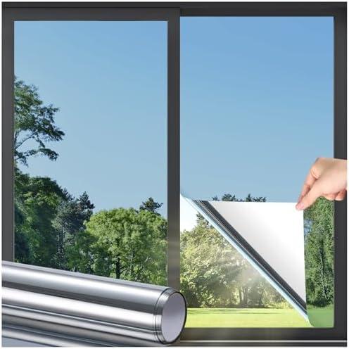 DOWELL Window Privacy Film, One Way Window Tint for Home, Static Cling Anti UV Sun Blocking Reflective Mirror Film, Heat Control See Out Not in Glass Tinting, Silver, 17.5" x 78.7"