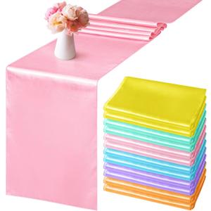 Aneco 12 Pack Satin Table Runner 12 x 108 Inch Pastel Rainbow Long Wedding Satin Silk Table Runner for Wedding Banquet Graduations Birthday Party Decoration