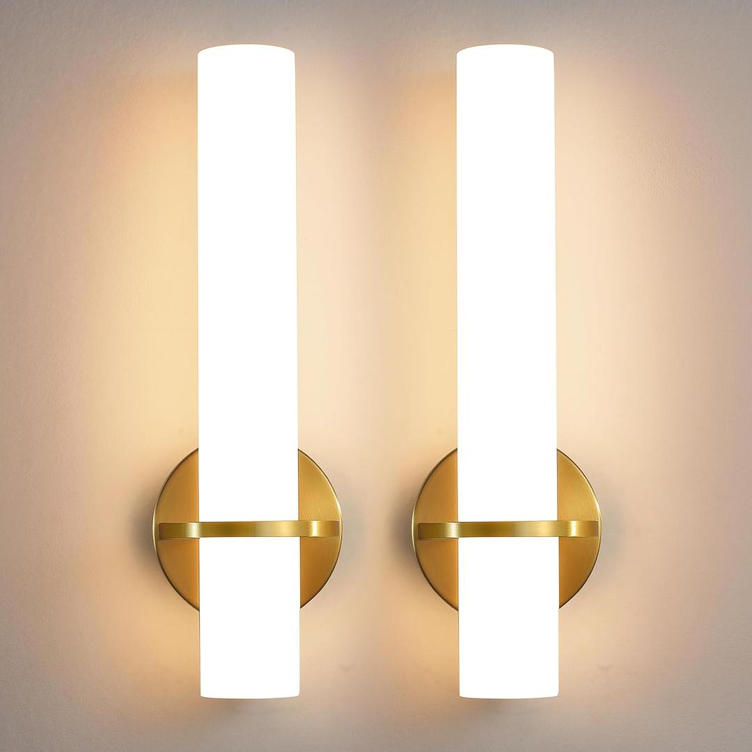 Wall Sconces - 15 inch Gold Wall Sconces Set of Two Modern Bathroom Sconce 15W Dimmable LED Wall Sconce Light with Acrylic Lampshade, Bathroom Vanity Light for Mirror Living Room Hallway 3000K (Hardwired (15in-2pcs))