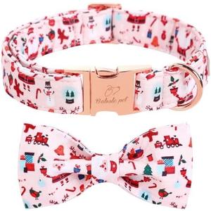 Babole Pet Christmas Dog Collar with Bow Tie - Cute Pink Christmas Snowman Dog Collars, Adjustable Heavy-Duty Winter Holiday Bowtie Collar for Small Medium Large Boy Girl Dogs L