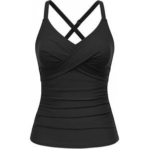 Women Tankini Bathing Suit Top - Twist Front V Neck Swim Top Only Cross Tummy Control Swimsuit 2025 (Medium, Black)