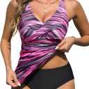Yonique Tankini Swimsuits for Women Tummy Control Bathing Suits Two Piece Tankini Tops with Bikini Bottoms Twist Swimwear (X-Large, Pink Stripes Printed)