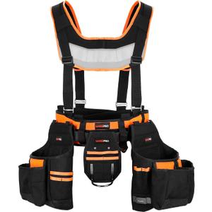Tool Belt with Suspenders, Adjustable Electrician Tool Belt Organizer with Detachable Tool Pouch Bag & Hammer Holder, Heavy Duty Tools Pouch Belt for Carpenter Electrician Framers (Black Orange)