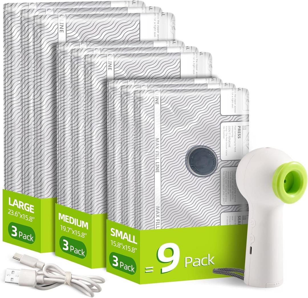 Vacuum Travel Bags with Rechargeable USB Pump,9 Pack Carry-On Size Vacuum Travel Bags for Luggage and Suitcase,Space Saver Compression Bags for Clothes and Clothing - with Electric Pump