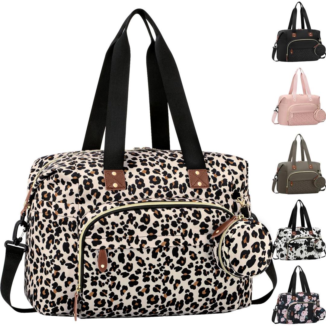Tenot Diaper Bag Tote with Pacifier Case, Baby Bag for Women with Shoulder Straps, Travel Diaper Tote for for Mom and Dad Leopard Print,Leopard Print, Large