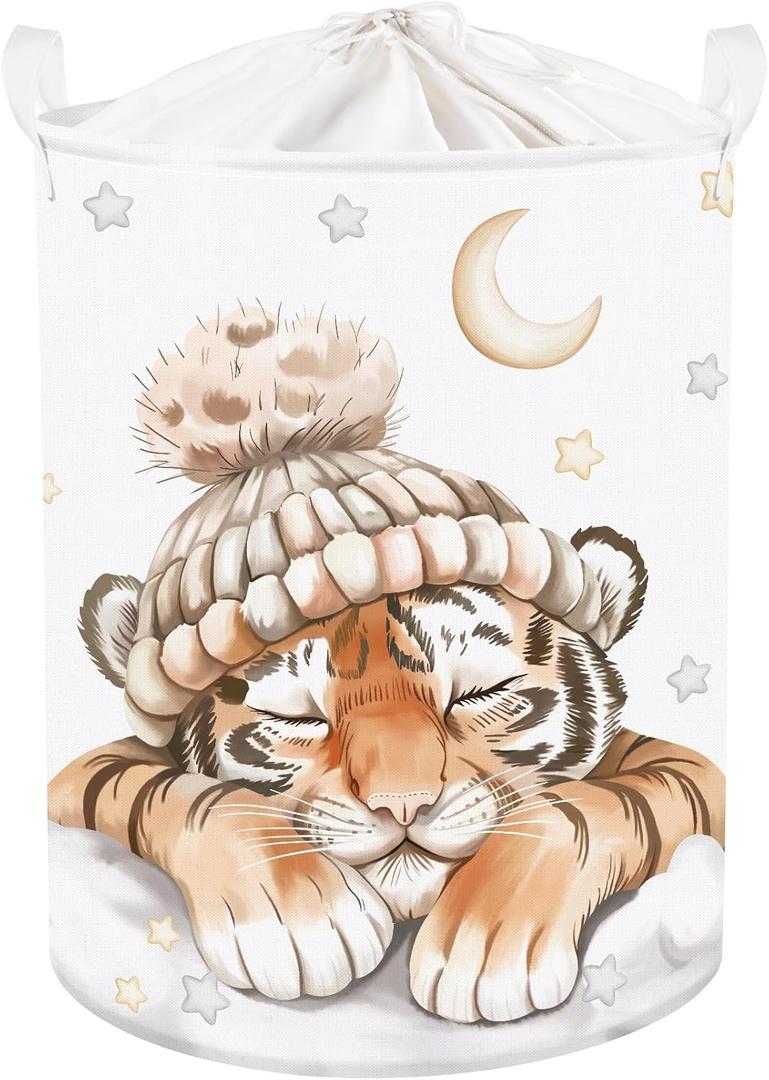 Clastyle Sleeping Animal Baby Laundry Hamper Kid Storage Basket Boys Girls Gift Toy Box Collapsible Clothes Organizer Nursery Bin for Bedroom,Tiger,36 * 45 cm