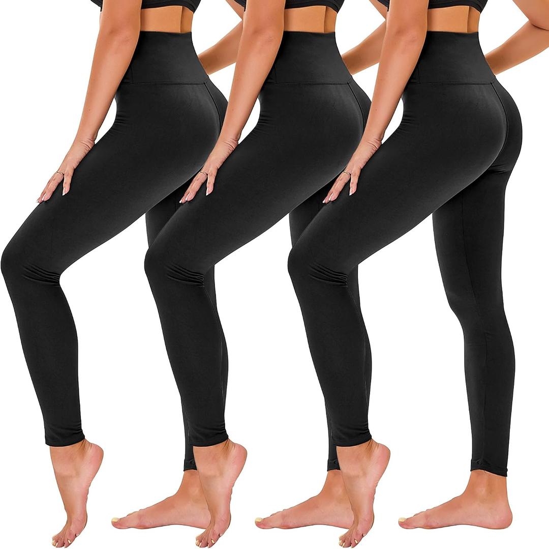 TNNZEET 3 Pack Leggings for Women - Black Tummy Control High Waisted Soft Yoga Pants for Workout Gym Running with Pockets, L-XL