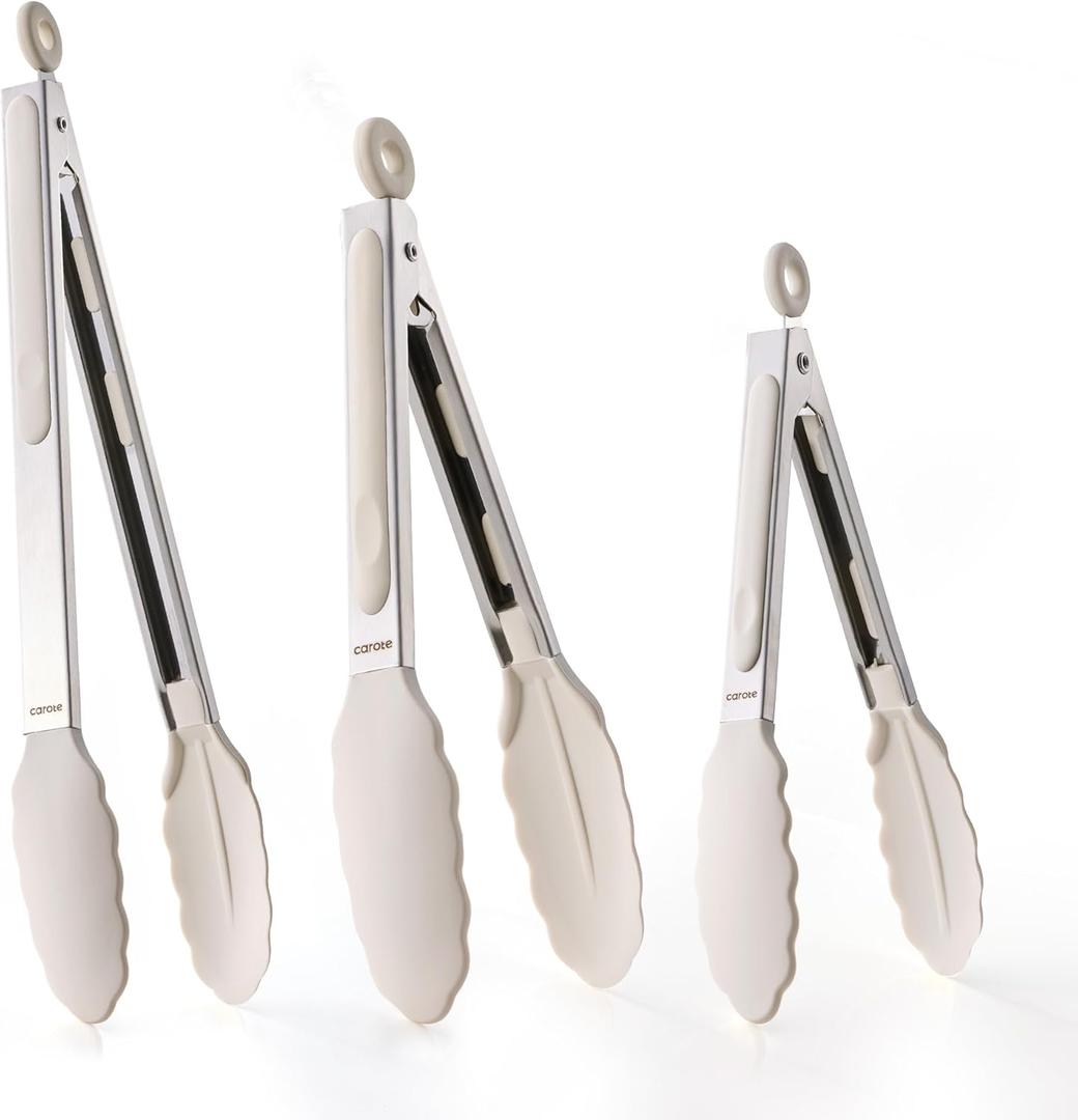 CAROTE Tongs for Cooking Heat Resistant Stainless Steel Kitchen Tongs with Non Scratch Silicone Tips, Perfect for Nonstick Cookware, BBQ Tongs Set of 3 (7"+9"+12")