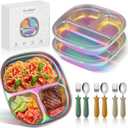 3 Pack Stainless Steel Kids Plates, Stainless Steel Divided Toddler Plate Set with Lids, Spoons and Forks, Non-Slip, Unbreakable, BPA Free - Perfect for Baby, Toddler Meals (Rainbow)