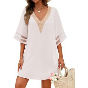 AI'MAGE Women's Swimsuit Cover Up 3/4 Bell Sleeve Loose Beachwear Deep V-Neck Bikini T-Shirt Beach Dress XL
