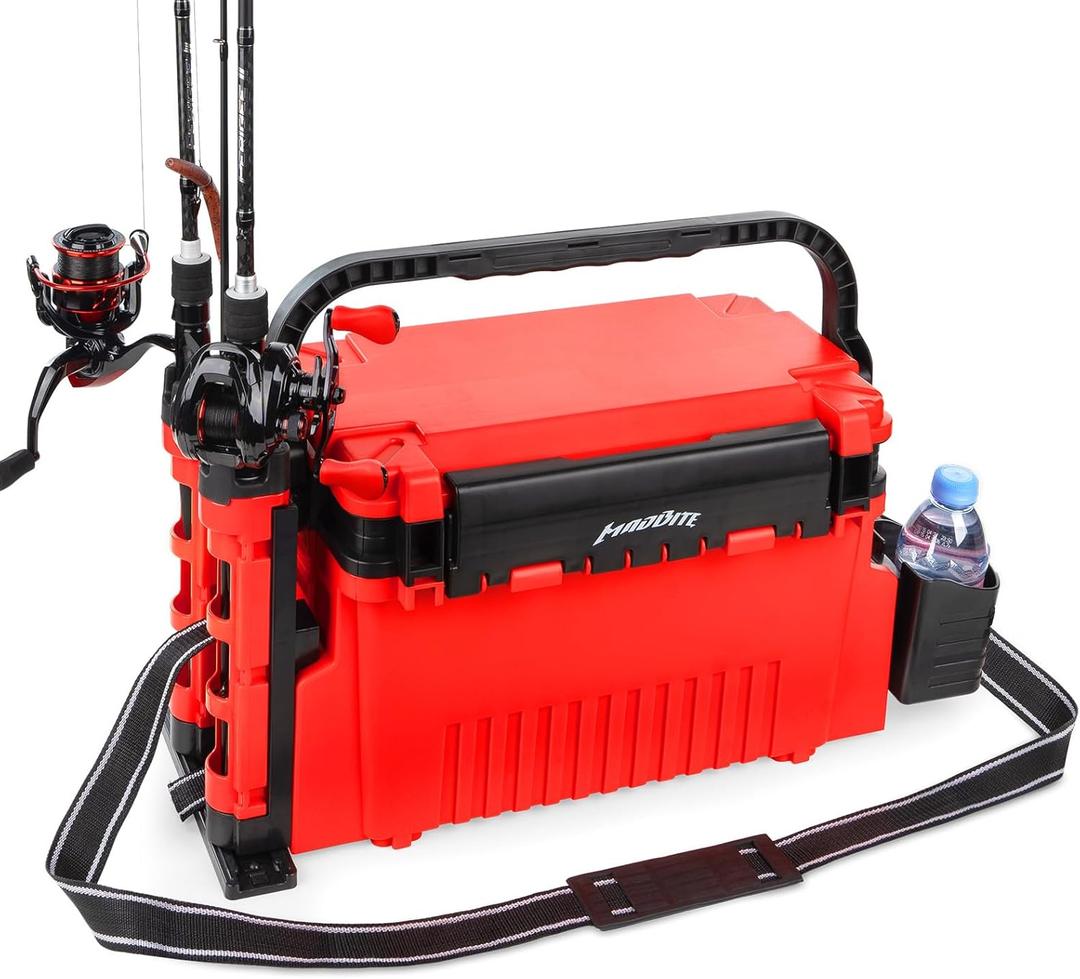 MadBite RigHub Portable Tackle Storage Box, 3 Tackle Storage Compartments, Adjustable Rod Holder, Cup Holder, Removable Dividers, Ideal for Fishing Lures and Gear Storage, Kayak Fishing, Ice Fishing (12L)