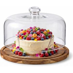 Clear Wooden Glass Dessert Dome with Base, Round Cake Stand Cover, Pastry Display Cloche for Food, Cake Plate with Cover for Baking Gifts Birthday Kitchen Party Weddings (11.4 inch)