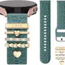 5PCS Charm Leopard Engraved Band Compatible with Samsung Galaxy Watch 7/6/5/4/For Galaxy FE 6 5 4 40mm 44mm,Galaxy Active 2,20mm Watch Band Soft Silicone Strap with 5PCS Ring Loops (Pinegreen-GoldLove)