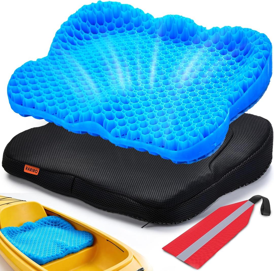 Premium Gel Kayak Seat Cushion, Thickened Non-Slip Waterproof Seat Pad, Breathable Universal Fit for Canoe Fishing Boat, Portable Washable Kayak Accessories, with Safety Travel Flag - Blue, L-16.9*14.5*2.75in