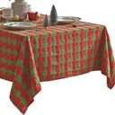 Home Bargains Plus Evergreen Tree Plaid Fabric Tablecloth, 52 x 70 Inch Rectangle, Red and Green Holiday Check with Tree Pattern, Cotton Blend Christmas Table Cover for Festive Dining