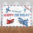 Mocsicka Airplane Birthday Backdrop - Red & Blue Airplane Party Decorations - 'How Time Flies' Happy Birthday Photo Background Banner (7x5ft)