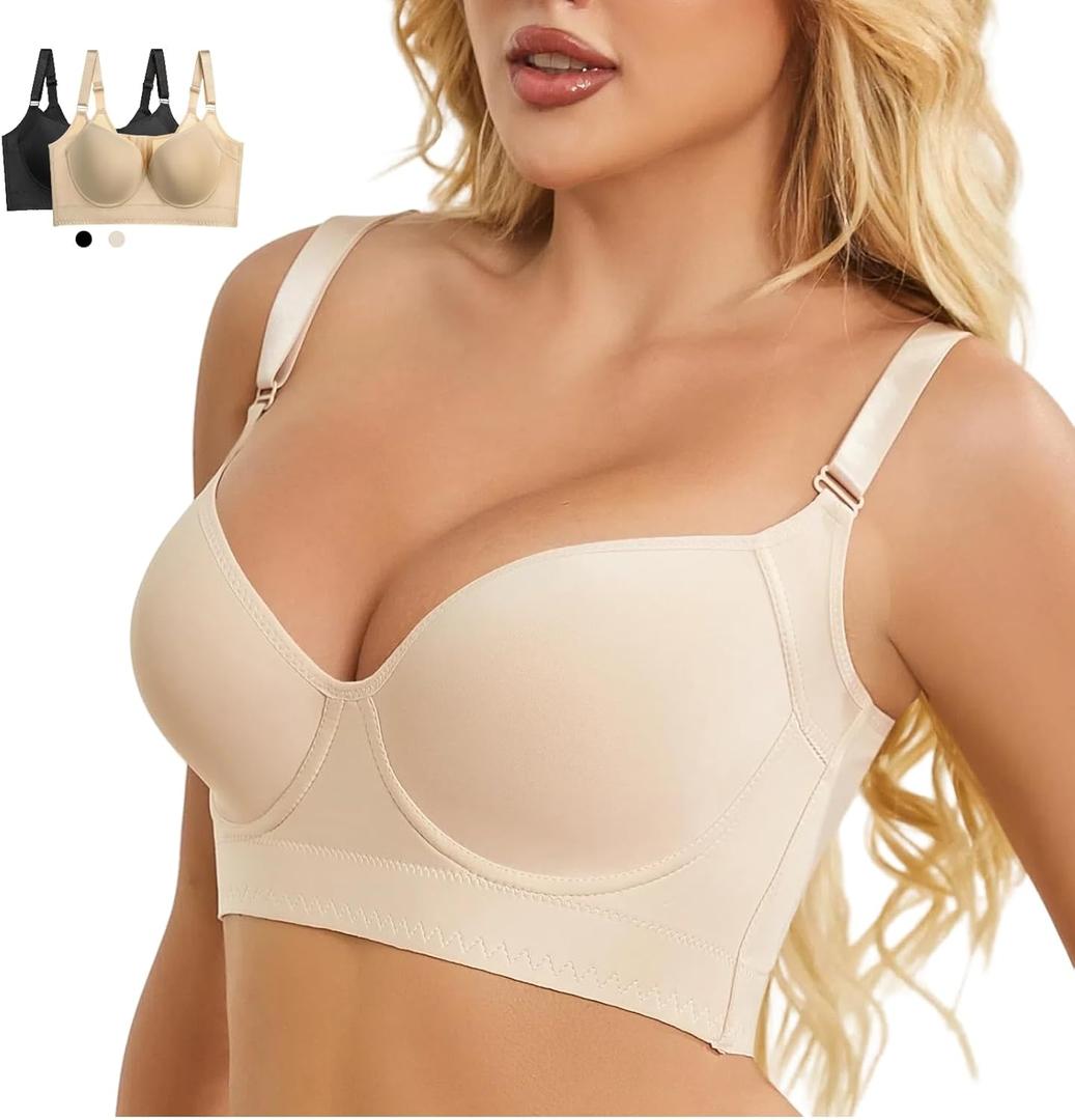 Push Up Bra for Women - Uplift Sculpting T-Shirt Bra with Full Back Coverage and Back Fat Smoothing (38D, Beige)
