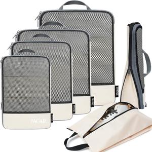 BAGAIL 6 Set Compression Packing Cubes Travel Accessories Expandable Packing Organizers (Half Mesh, 6-Beige)