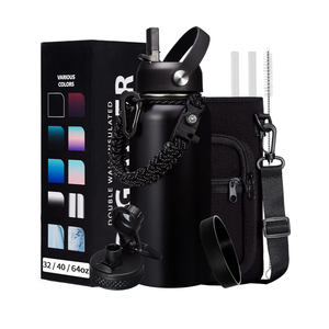 32-40-64OZ Stainless Steel Water Bottle - Black Water Bottle with Straw & Spout Lid, Paracord Handle & Bottle Sleeve, Insulated Vacuum Water Flask Double-Wall Metal Thermo Cup Canteen for Gym School