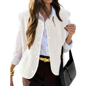 KIRUNDO Women's Fall Winter Fleece Vest 2025 Trendy Sleeveless Sherpa Jacket Button Down Open Front Fuzzy Warm Outerwear (White, S)
