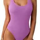 Limeeke Women One Piece Swimsuit Solid Ribbed Monokini Swimwear Scoop Neck Low Back Bathing Suit (Medium, Purple)