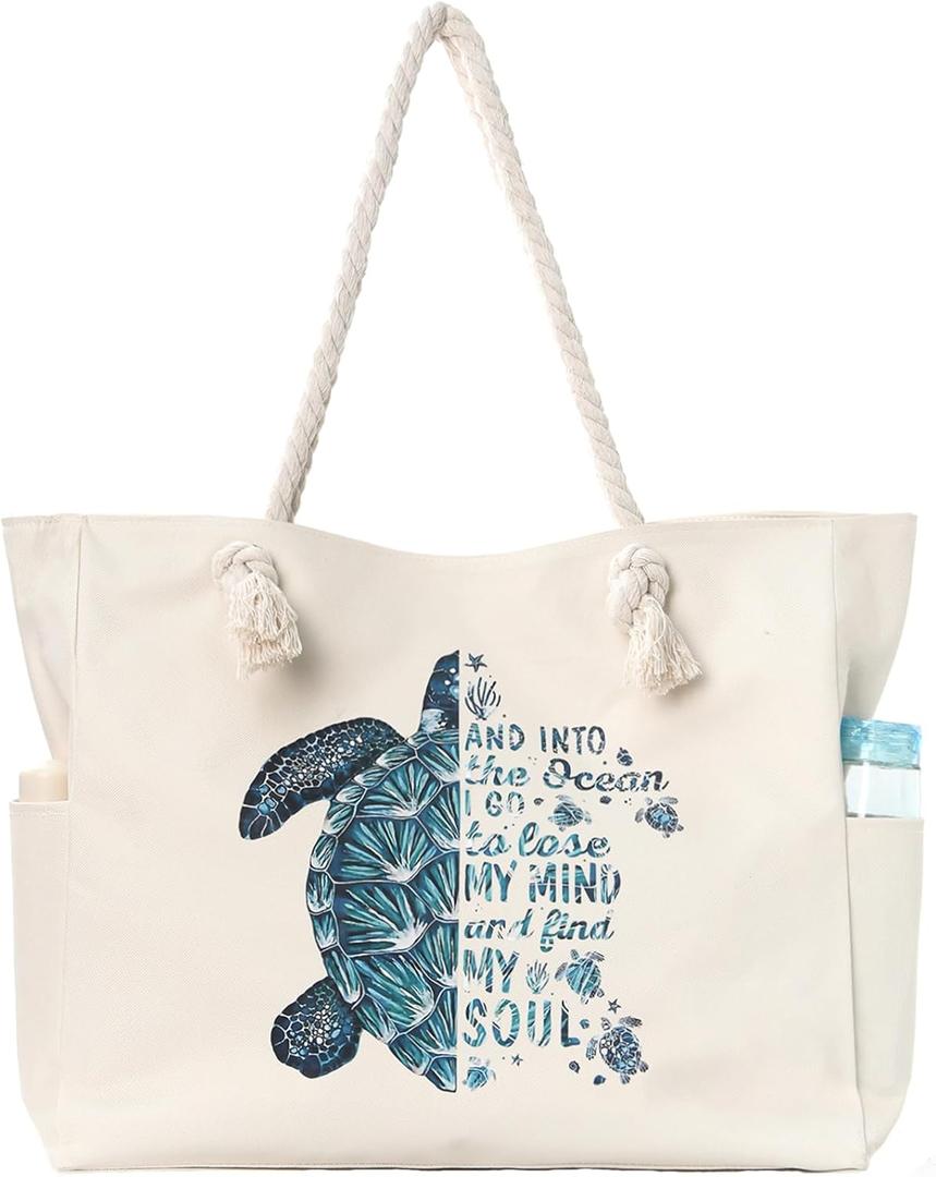 Beach Bags for Women Large Waterproof Beach Travel Tote Bags Sandproof Swim Pool Bag Canvas Zipper Big Tote (Sea Turtle-off White)