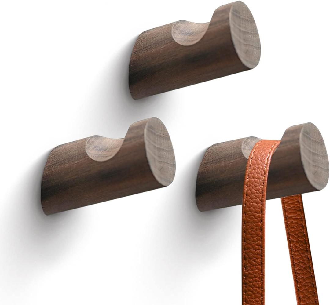 Wood Wall Hooks,3 Pack Coat Hooks Wall Mounted, Modern Hat Hooks for Wall, Wall Hanger for Hanging Coat Towel Hat Bag Robe Jacket Clothes (Walnut Wood)