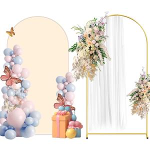 Metal Arch Backdrop Stand and Cover Set, 6.6FT Beige Reusable Spandex Fitted Backdrop Cover and Gold Wedding Arch Frame for Baby Shower, Birthday, Parties Decoration.