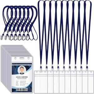 Marspark 100 Pcs ID Badge Holder with Lanyard Lanyards for ID Badges Resealable Flat Neck Name Tag with Clip Waterproof Plastic Clear Badges Bulk for School Office Supplies (Dark Blue)