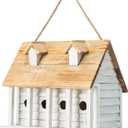 Glitzhome 14.25L Wood Hanging Birdhouse for Outdoors Oversized Distressed Cottage Painted Bird House Rustic Bird House for Bluebird Wren Chickadee Sparrow Bird Nest Box for Garden Patio, Washed White