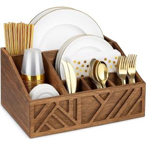 Paper Plate Dispenser |Paper Plate Holders For Kitchen Counter |Wooden Utensil Holder Silverware Organizer |Cutlery Flatware Organizer Box For Cups, Plates, Cutlery,Kitchen Accessories