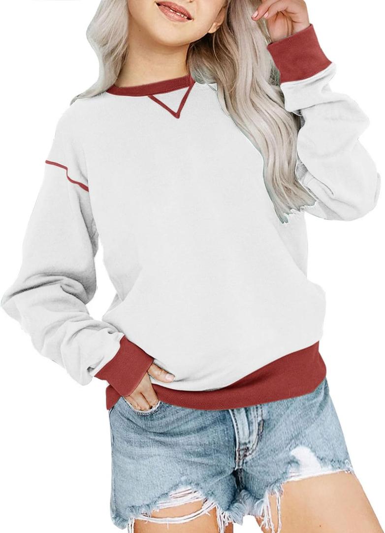 Bingerlily Girls Casual Long Sleeve Sweatshirt Crew Neck Cute Pullover Relaxed Fit Tops (S)