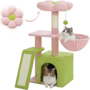 PETEPELA Flower Cat Tree for Indoor Cats, 32'' Small Cat Tower Cat Condo with Sisal Scratching Ramp, Cozy Hammock and Removable Flower Bed Perch for Kittens, Pink