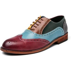 HuitJours Men Oxford Dress Shoes Multicolor Brogues Wing Tips Lace Up Patchwork Two Tone Color Matching Punched Round Toe (7)
