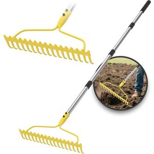 Garden Rakes for Lawns Heavy Duty, 6 FT Bow Rake for Leaves, 17-Tines Metal Rake with Stainless Steel Handle for Yard Leveling, Landscape, Loosening Soil, Yellow