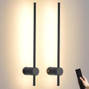 LED Wireless Wall Sconce with Remote Control, Dimmable/350 Rotate/Timing/USB Rechargeable Battery Powered Indoor Wall Lamps, 23.6 inch Black Wall Lights Set of Two for Hallway, Living Room, Bedroom