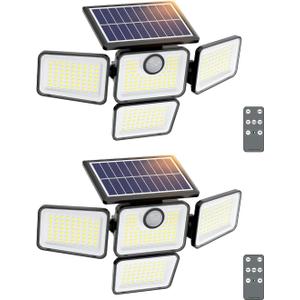 6000LM Solar Lights Outdoor Waterproof, 4 Heads Motion Sensor Outdoor Lights, Solar Flood Lights with Remote Control for Yard House Outside Garage 2 Pack