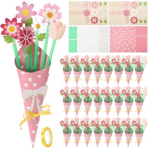 Motipuns 24 Sets DIY Flower Paper Bouquet Craft Kit Bulk for Kids Make Your Own Flower Bouquet DIY Craft School Classroom Teacher Gift Appreciation Gifts (Light Color,Daisy)