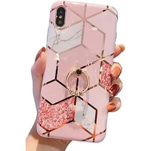 Qokey Compatible for iPhone X/iPhone Xs Case 5.8 inch,Marble Cute Fashion for Women Girls with 360 Degree Rotating Ring Kickstand Soft TPU Shockproof Cover Bling Pink Marble