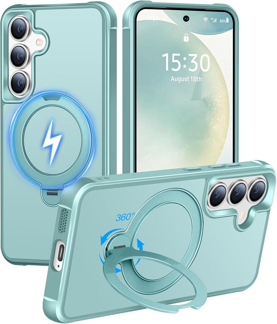 HuwaiH 360° Rotatable Magnetic Ring Stand for Samsung Galaxy S24 Plus/S25 Plus Case, Compatible with MagSafe, Military-Grade Shockproof, Anti-Scratch Matte Translucent Phone Case(Lake Blue)