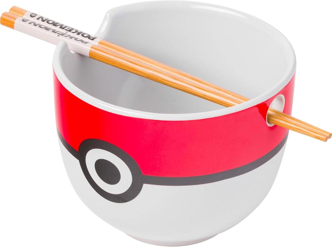 Silver Buffalo Pokemon Pokeball Ceramic Ramen Noodle Bowl with Chopsticks, Microwave Safe, 20 Ounces